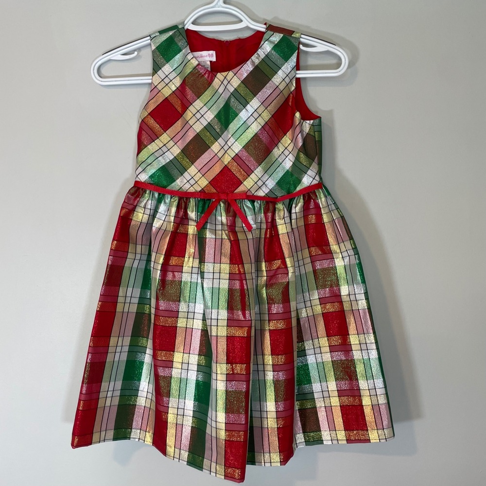 Bonnie Jean Girls Red Green Gold Metallic Plaid Holiday Party Dress Size 8